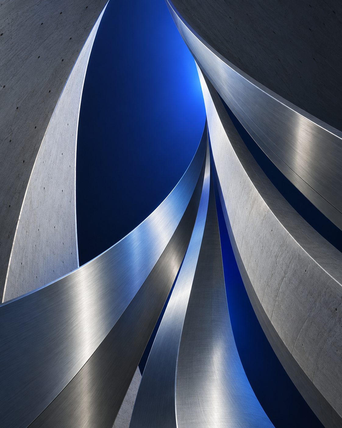 Sweeping silver architectural forms framing an opening of cobalt blue light